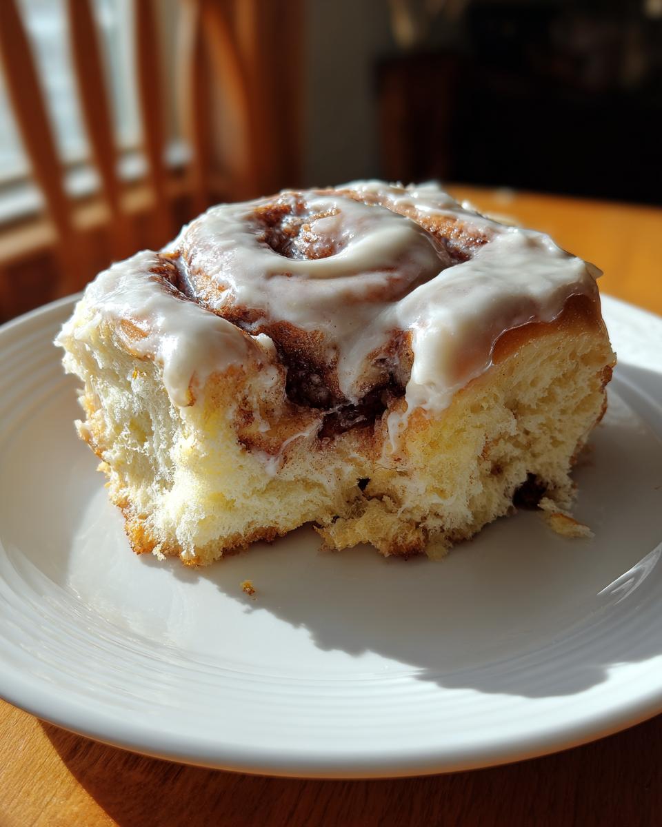 A close-up of a soft, fluffy cinnamon roll generously topped with white icing, sitting on a white plate.