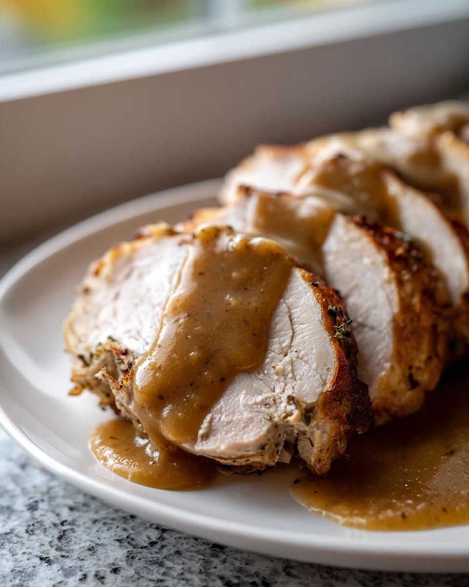 Close-up of juicy, sliced instant pot turkey breast generously topped with brown gravy on a white plate.
