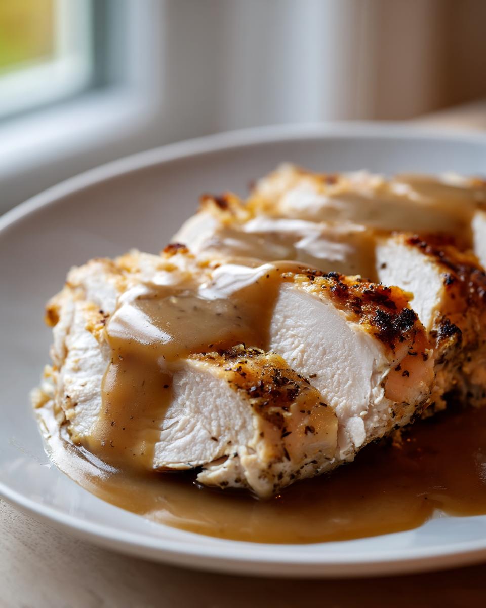 Close-up of moist, sliced instant pot turkey breast drizzled with brown gravy on a white plate.