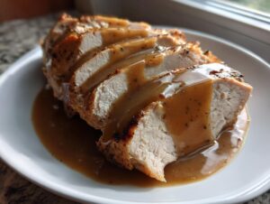 Close-up of perfectly cooked, sliced instant pot turkey breast smothered in rich brown gravy.