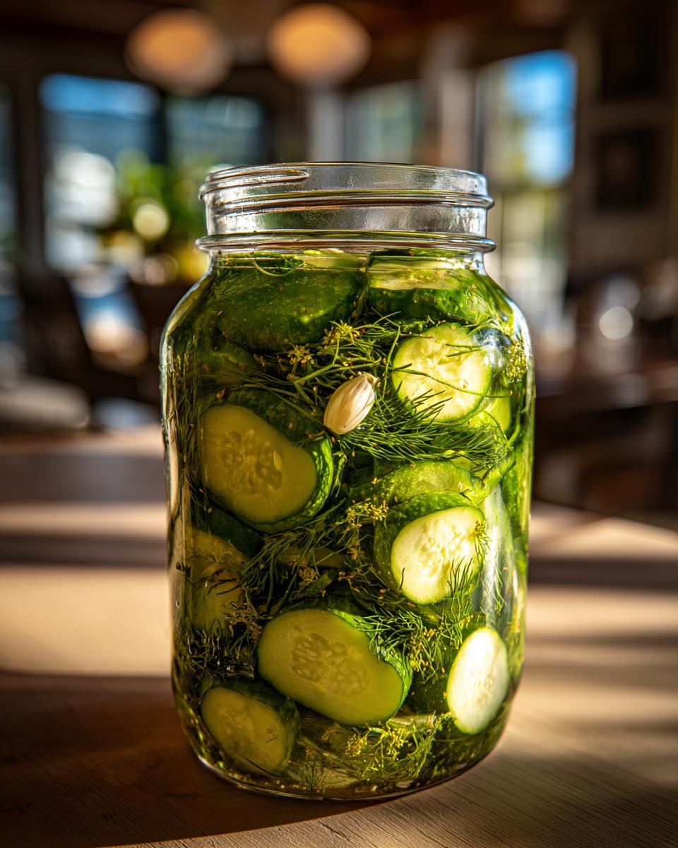 Close-up of a glass jar filled with sliced cucumbers, fresh dill, and garlic for refrigerator pickles.