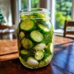 A glass jar filled with sliced cucumbers, fresh dill, garlic cloves, and pickling spices for refrigerator pickles.