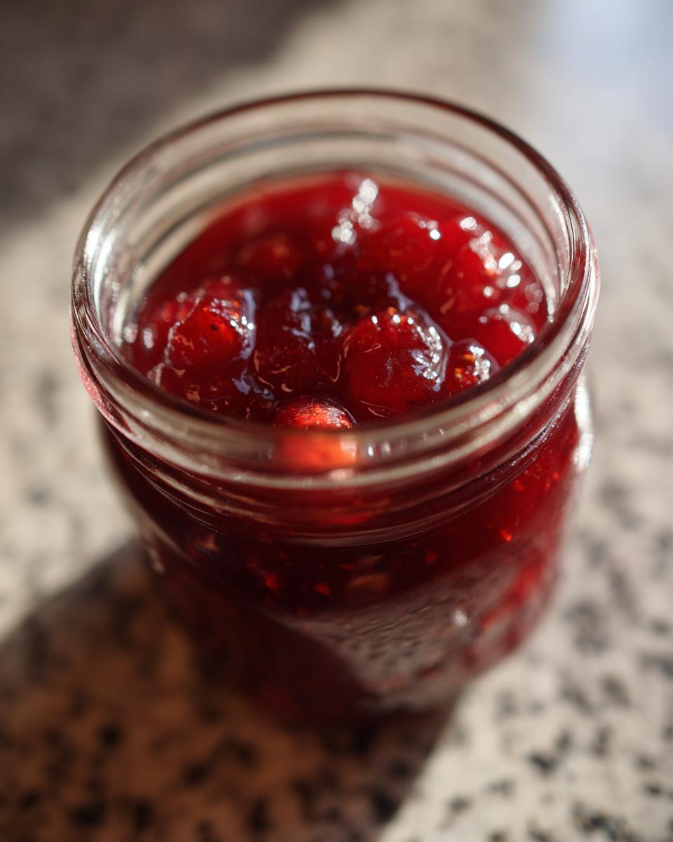Close-up of a small glass jar filled with vibrant red homemade christmas jam, showing whole fruit pieces.