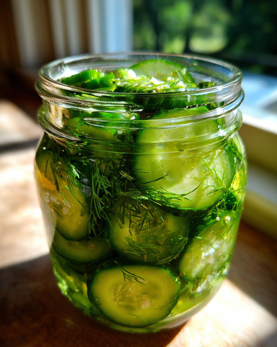Close-up of sliced cucumbers and fresh dill in a glass jar making refrigerator pickles, backlit by sunlight.