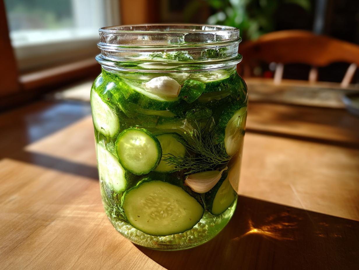 A glass jar filled with sliced cucumbers, dill, and garlic cloves for making refrigerator pickles.