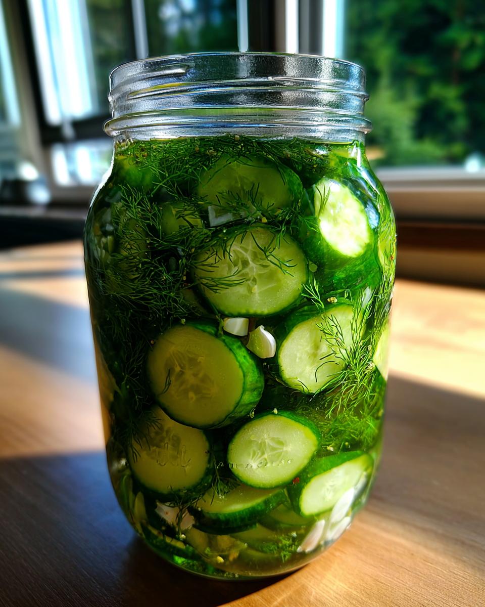 Close-up of a glass jar filled with sliced cucumbers, fresh dill, and garlic cloves for refrigerator pickles.