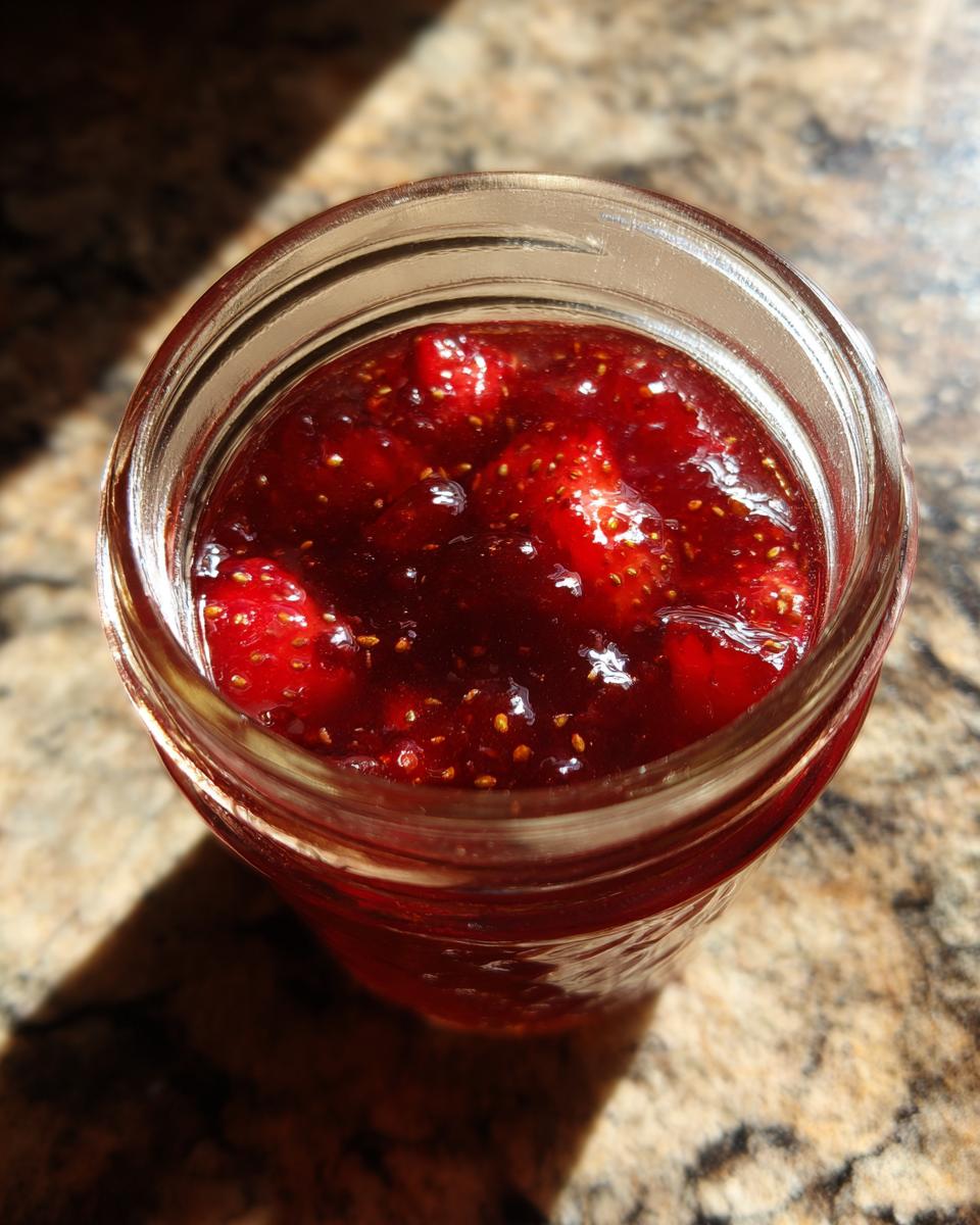 Overhead view of a glass jar filled with rich, chunky strawberry christmas jam, catching sunlight.