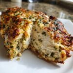 Close-up of juicy baked ranch chicken breast sliced in half, showing white interior and cheesy herb topping.