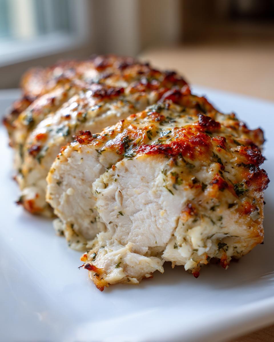Close-up of moist, sliced baked ranch chicken breast showing a golden, herby topping.