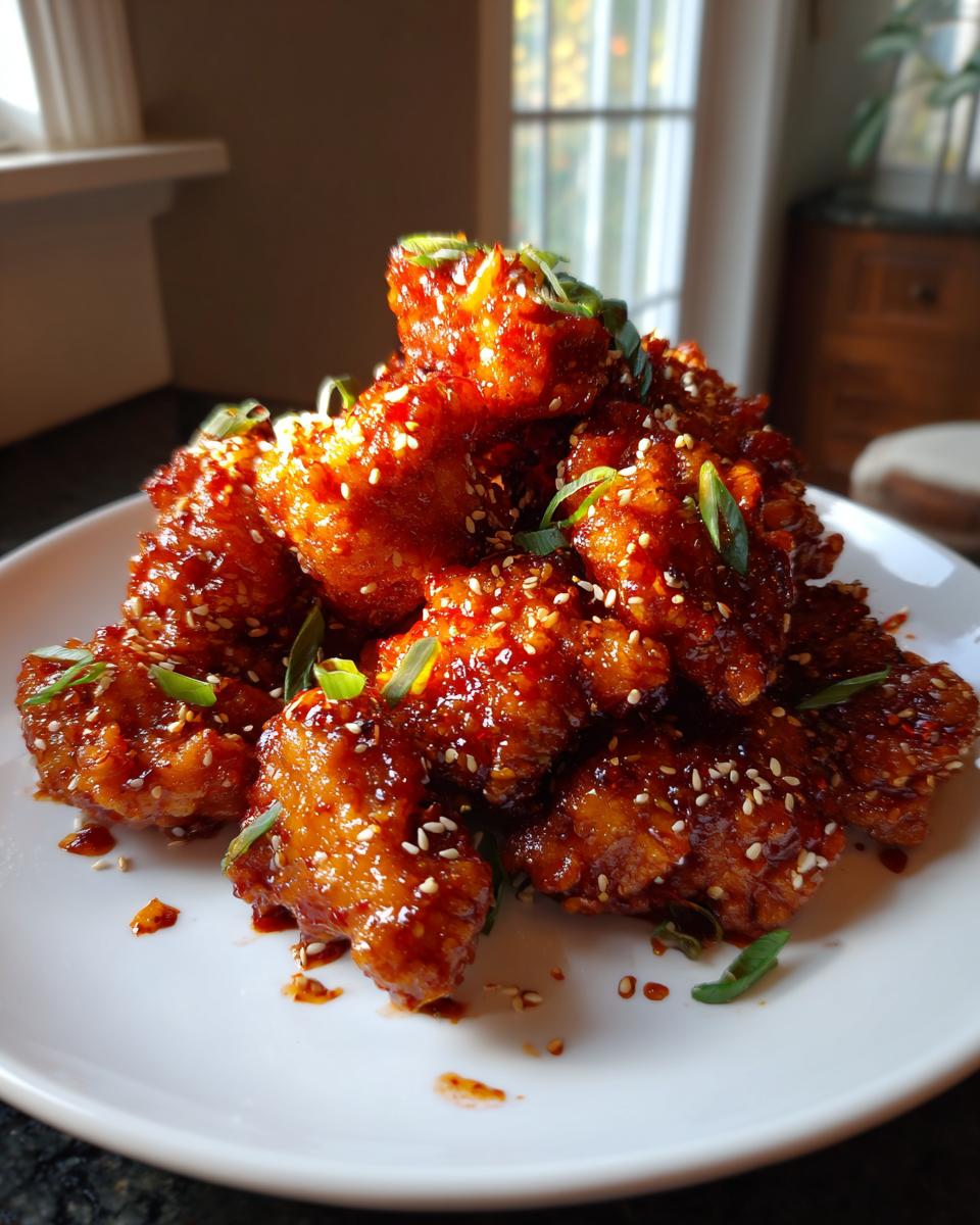 A pile of glossy, saucy korean fried chicken pieces garnished with sesame seeds and green onions on a white plate.