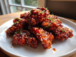 A pile of sticky, glossy Korean fried chicken coated in a dark red sauce, sprinkled with sesame seeds and green onions.