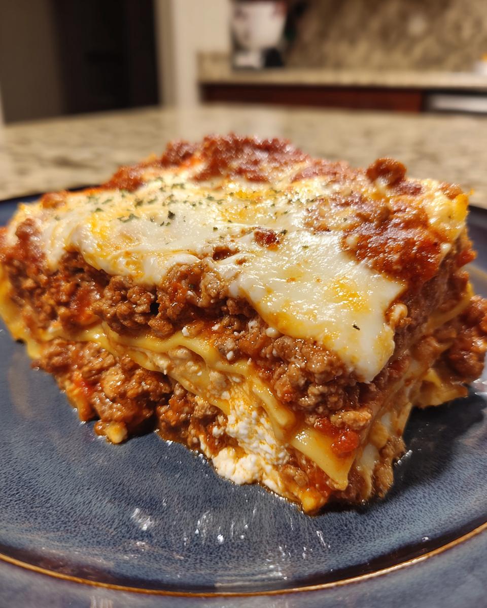 A thick, layered slice of Lasagna with Cottage Cheese, featuring meat sauce and melted cheese topping.