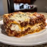 A generous slice of Lasagna with Cottage Cheese showing layers of meat sauce, white cottage cheese filling, and melted mozzarella topping.
