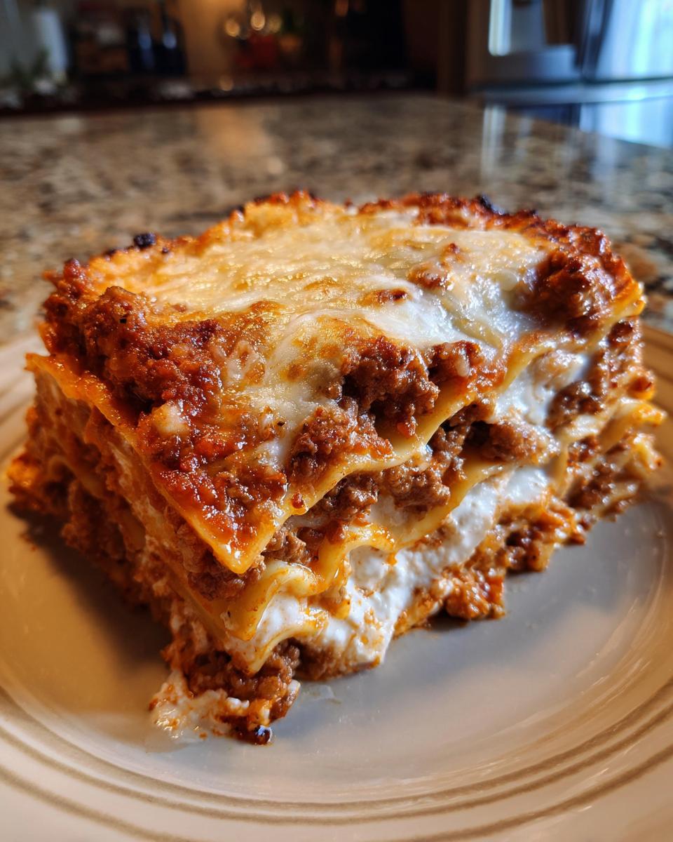 Close-up of a thick slice of Lasagna with Cottage Cheese, showing layers of pasta, meat sauce, and white cheese filling.