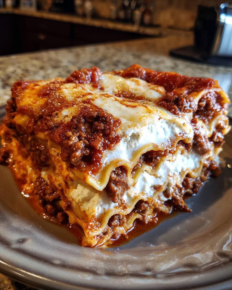 Close-up of a thick slice of lasagna with cottage cheese, showing distinct layers of pasta, meat sauce, and white filling.