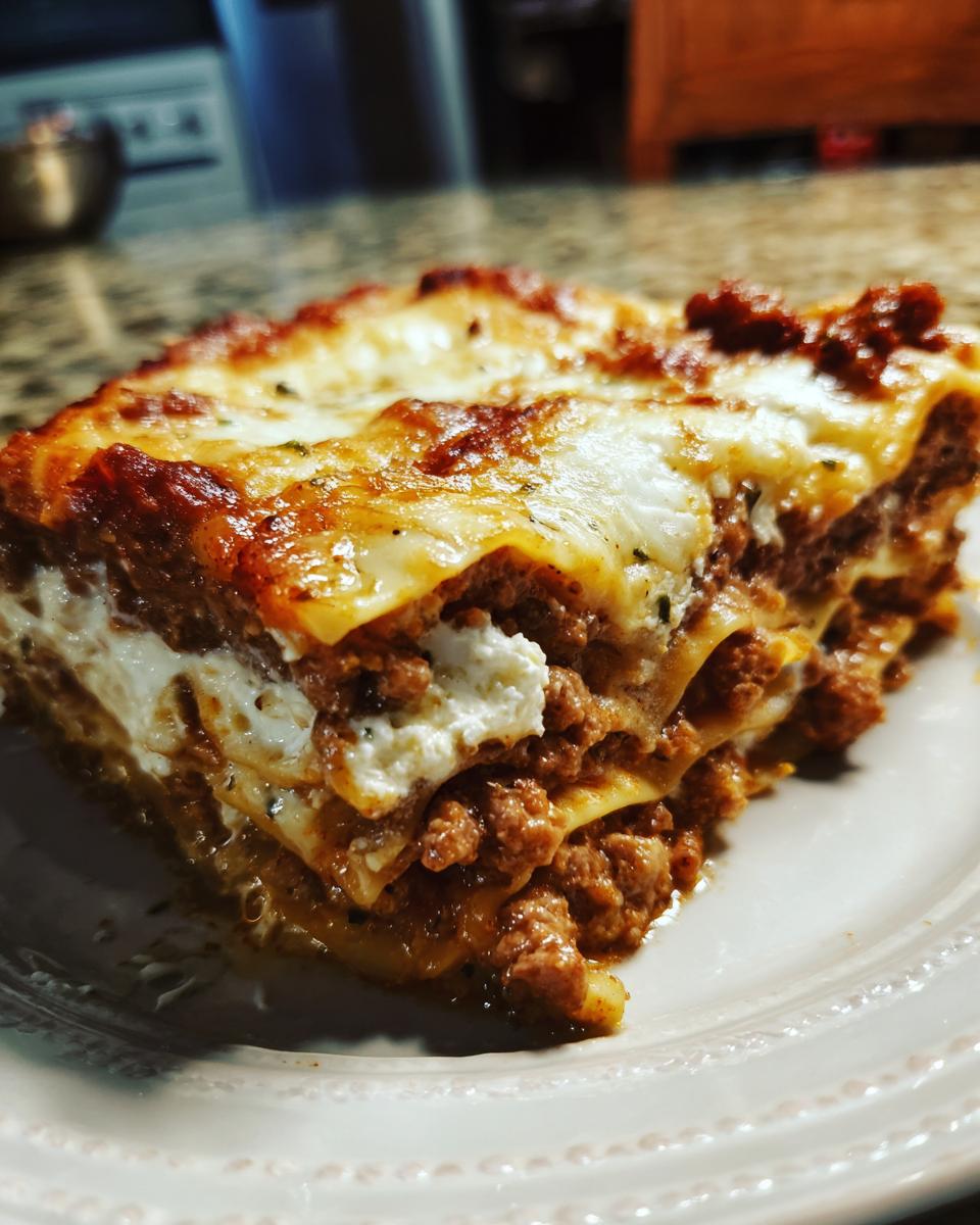 Close-up of a hearty slice of lasagna with cottage cheese, meat sauce, and browned cheese topping.