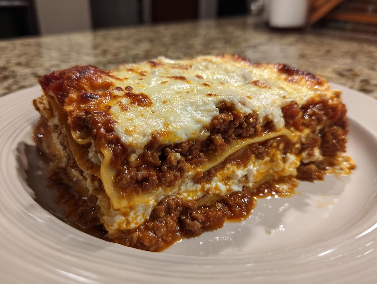 A generous slice of baked Lasagna with Cottage Cheese showing layers of pasta, rich meat sauce, and melted cheese topping.