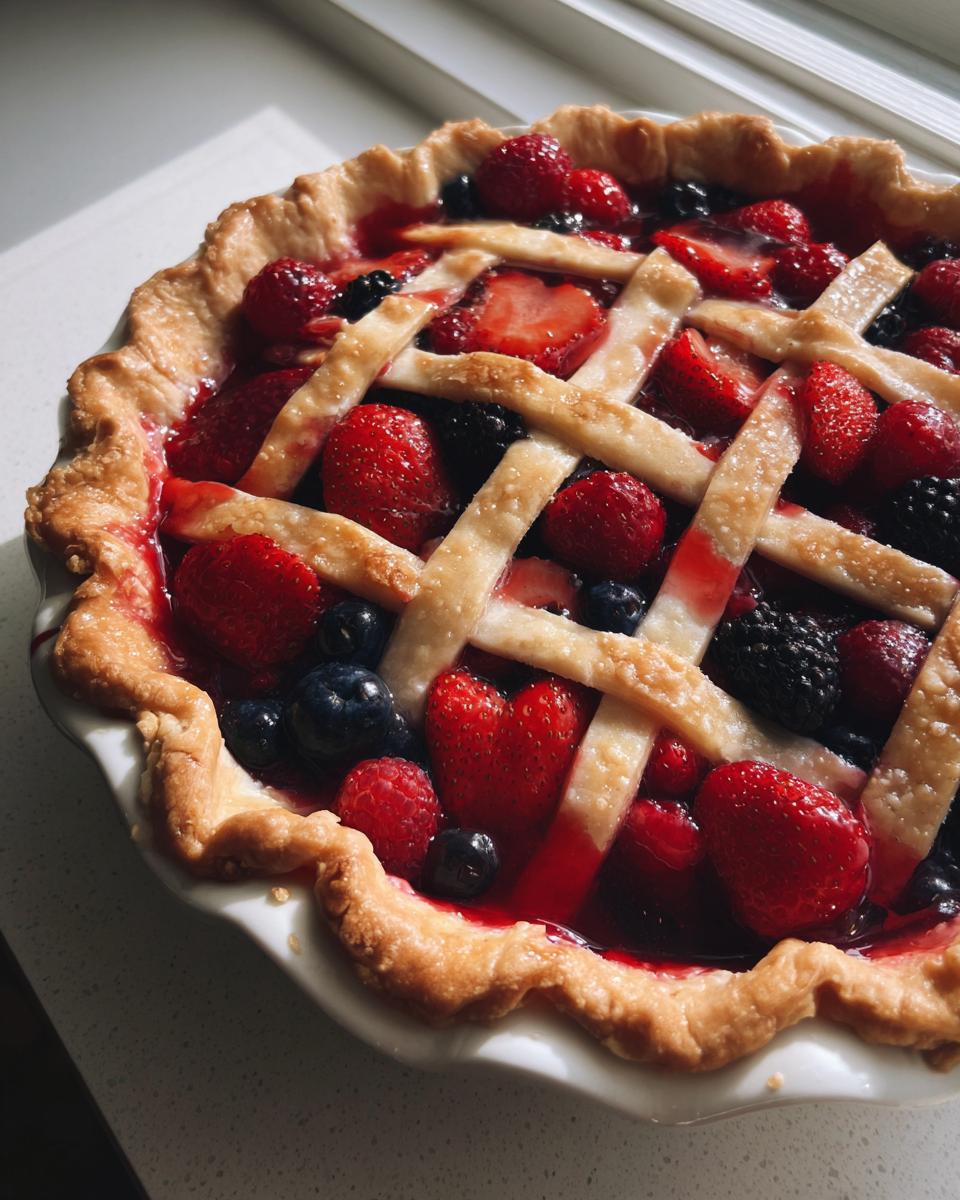 Close-up of a freshly baked triple berry pie with a golden lattice crust, glistening with berry juices.