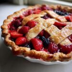 A close-up of a freshly baked triple berry pie with a lattice crust showing strawberries, raspberries, and blueberries.