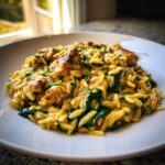 Close-up of a creamy, saucy bowl of lemon chicken orzo mixed with wilted spinach and topped with browned chicken pieces.