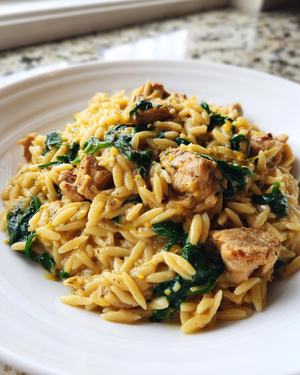 A close-up of a serving of creamy lemon chicken orzo mixed with wilted spinach on a white plate.