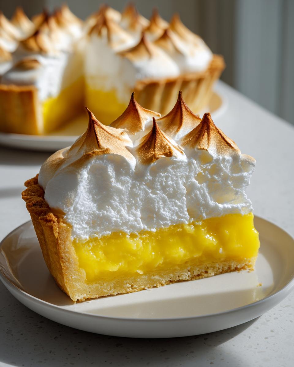 Close-up of a thick slice of lemon meringue pie showing bright yellow curd, flaky crust, and tall, torched meringue peaks.