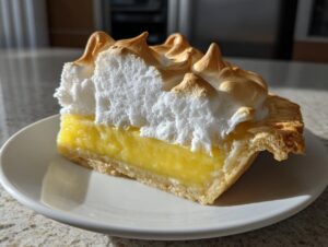 A thick slice of lemon meringue pie showing bright yellow curd, flaky crust, and tall, toasted meringue peaks.