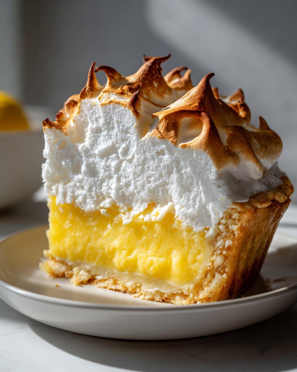 Close-up of a tall slice of lemon meringue pie showing thick yellow curd and fluffy, toasted meringue.