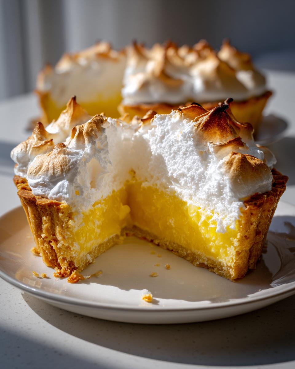 Close-up of a lemon meringue tart cut in half, showing bright yellow curd and fluffy, toasted meringue topping.