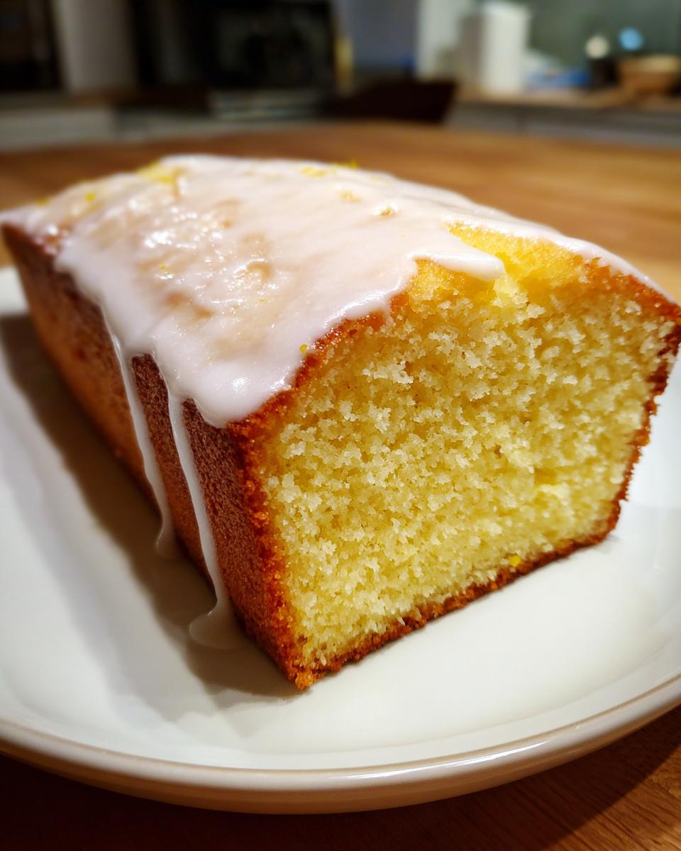 Close-up of a moist slice of lemon pound cake topped with a thick white lemon glaze dripping down the sides.