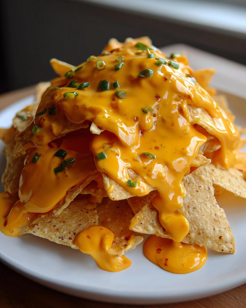 A tall pile of tortilla chips generously smothered in bright orange nacho cheese sauce and topped with chopped green onions.