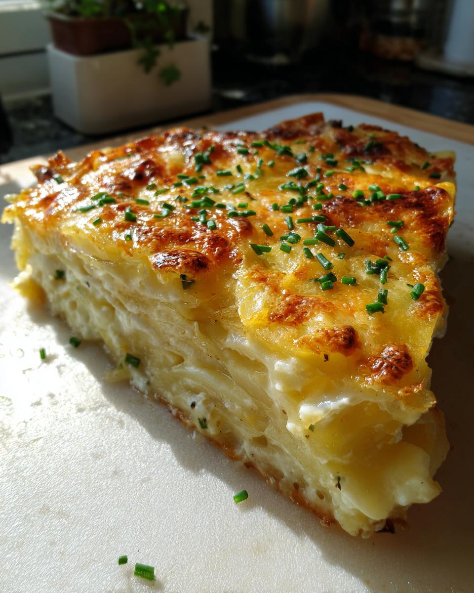A thick, golden-brown slice of cheesy scalloped potatoes topped with fresh chives.