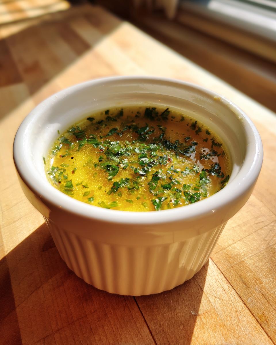 Close-up of melted cowboy butter dipping sauce, bright yellow with green herbs, in a white ramekin.