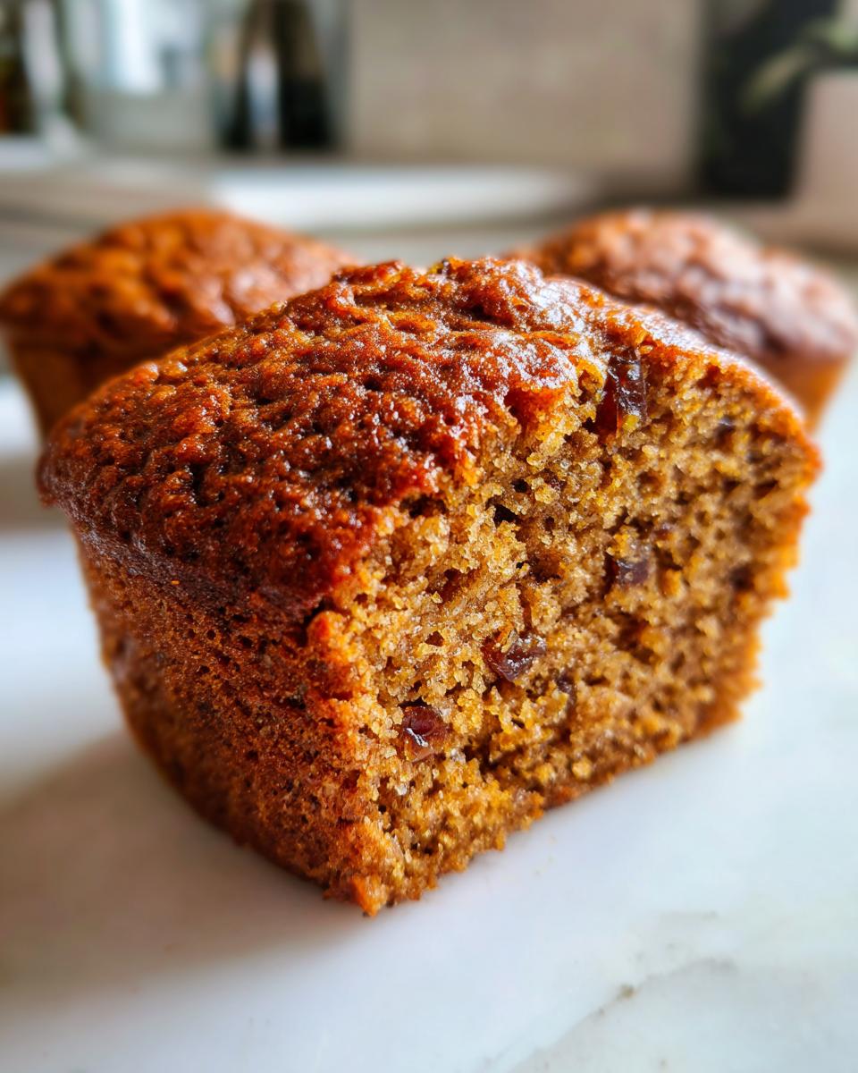 Close-up of a moist bran muffins half showing the rich brown color and visible raisins inside.
