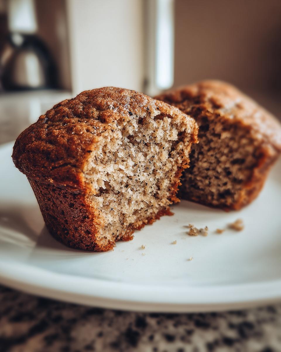Close-up of a moist bran muffin cut in half, showing the textured interior and dark specks.