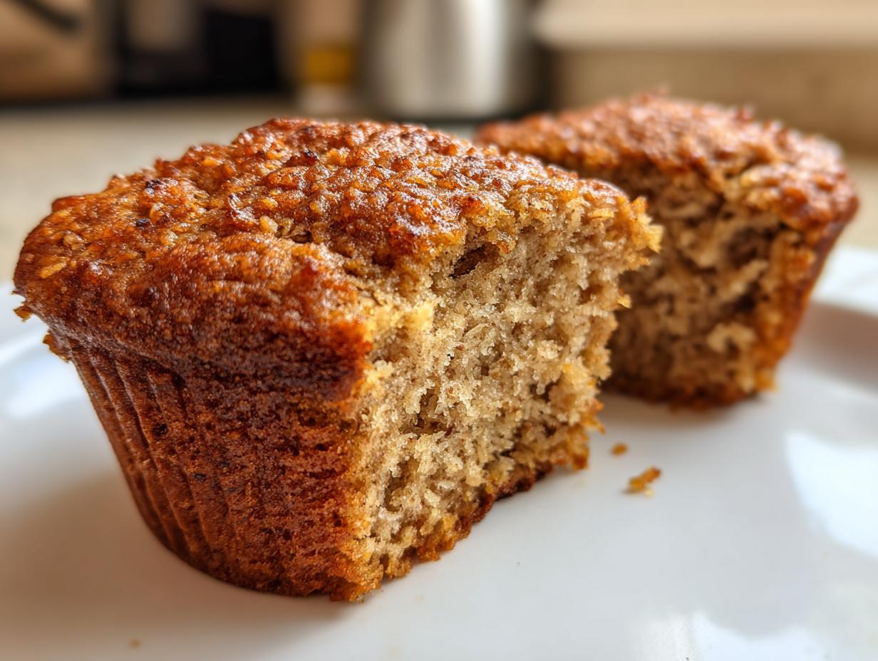 Close-up of a moist bran muffin cut in half showing the soft interior texture, with another muffin blurred in the background.