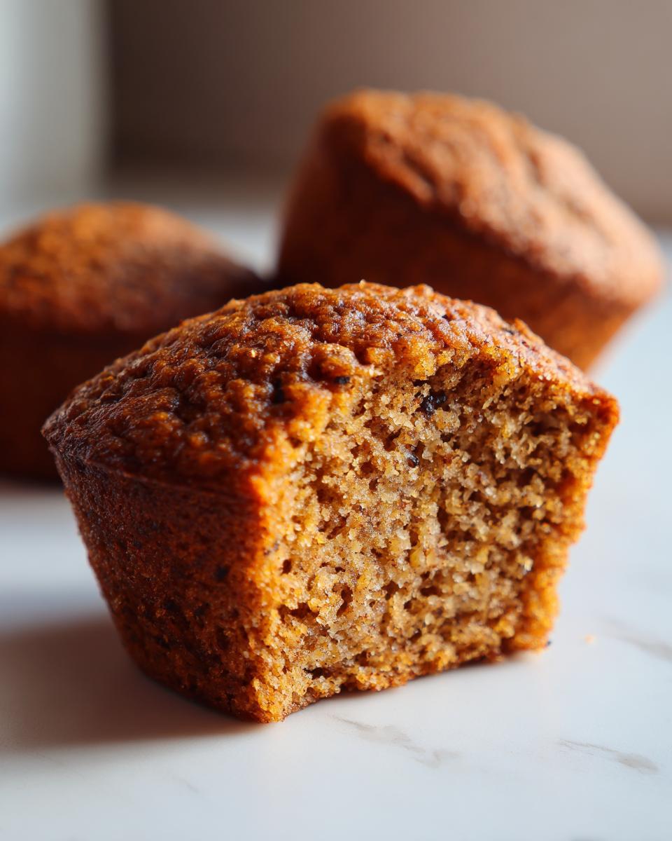 Close-up of a moist bran muffin broken in half showing the crumb texture, with two other bran muffins blurred in the background.