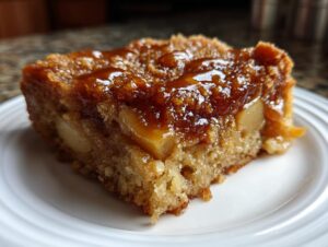 Close-up of a moist square slice of caramel apple dump cake topped with sticky caramel sauce, served on a white plate.