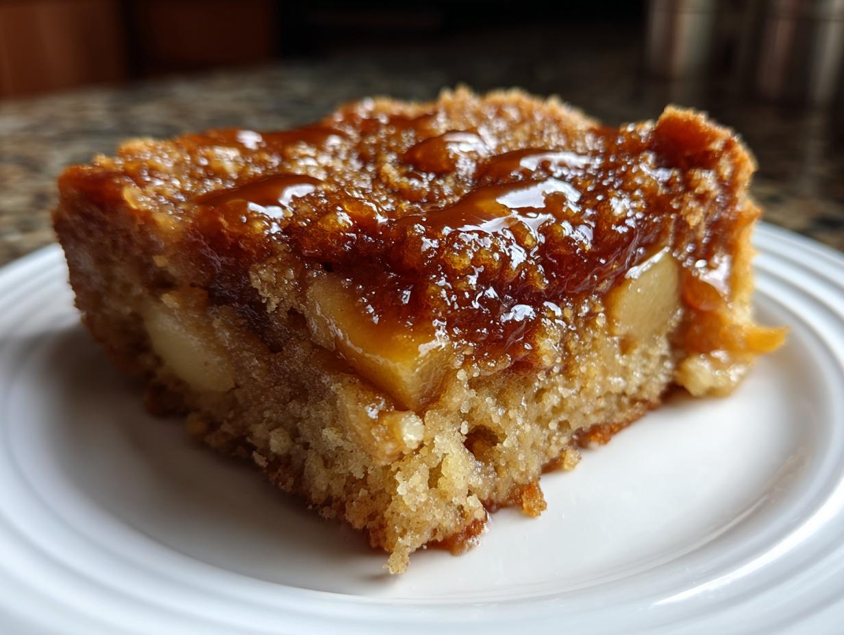 Close-up of a moist square slice of caramel apple dump cake topped with sticky caramel sauce, served on a white plate.