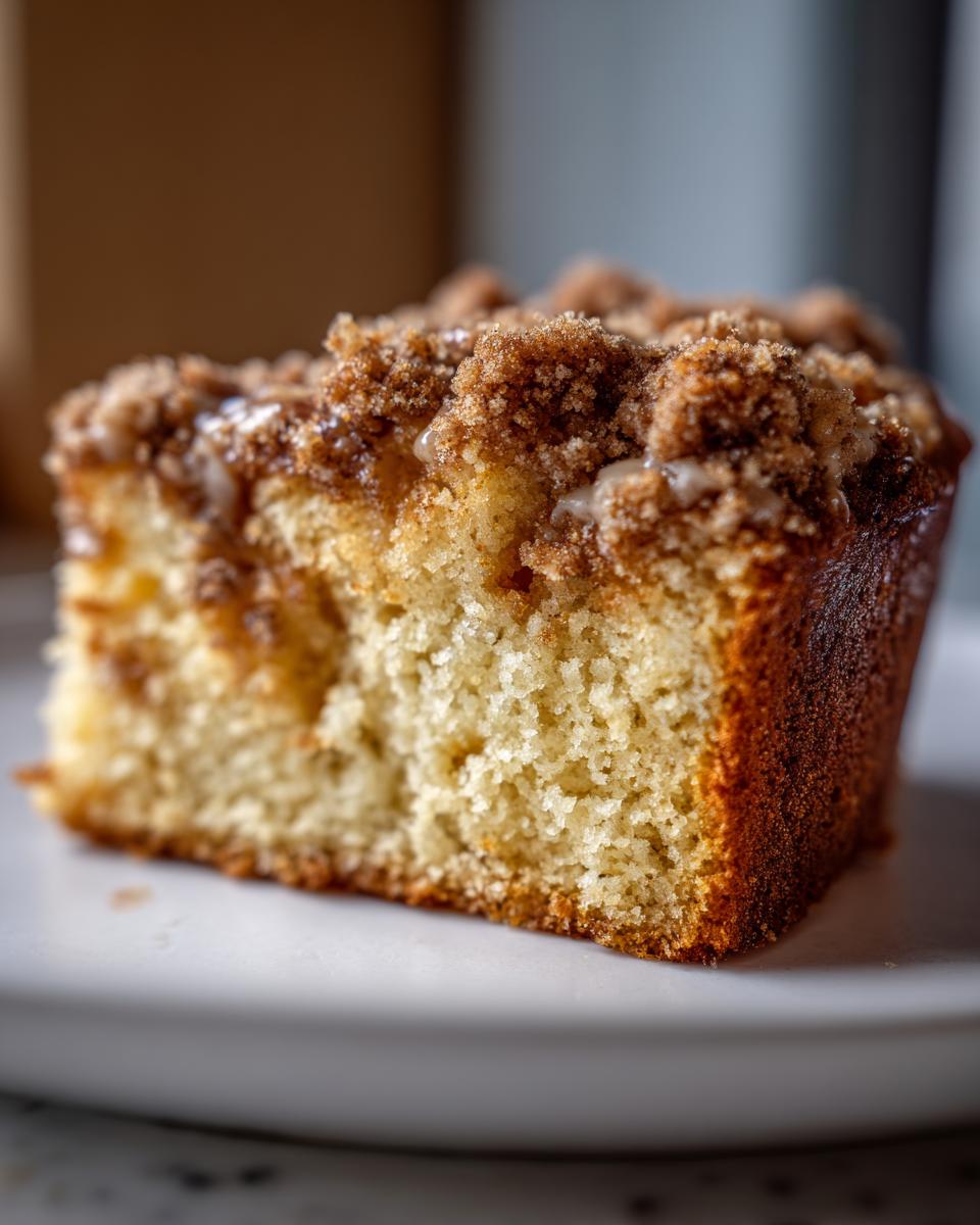 Close-up of a moist slice of coffee cake showing the tender crumb and thick cinnamon streusel topping.