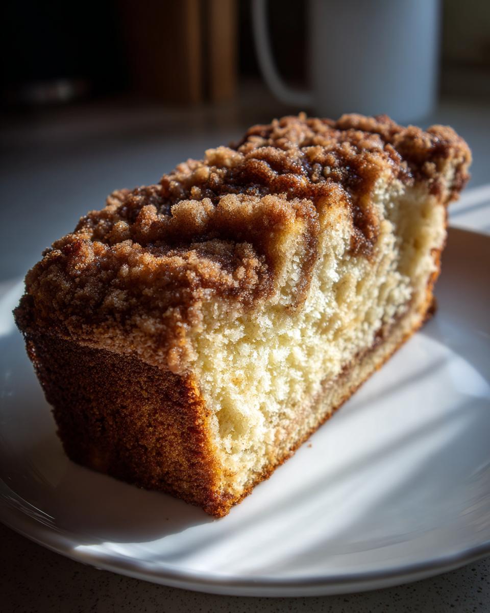 A close-up of a moist slice of coffee cake featuring a thick, sugary cinnamon crumb topping.