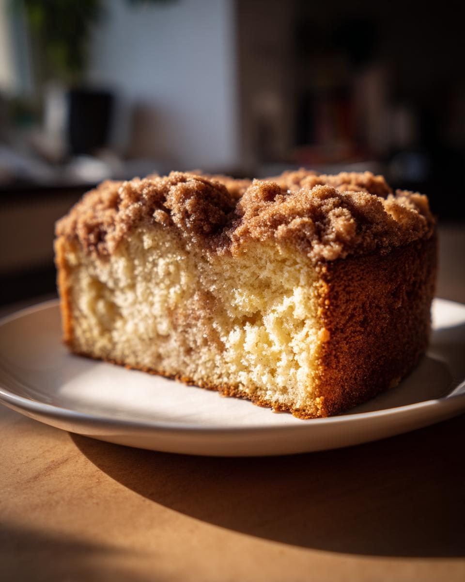 Close-up of a moist slice of coffee cake featuring a thick, sugary cinnamon crumb topping.