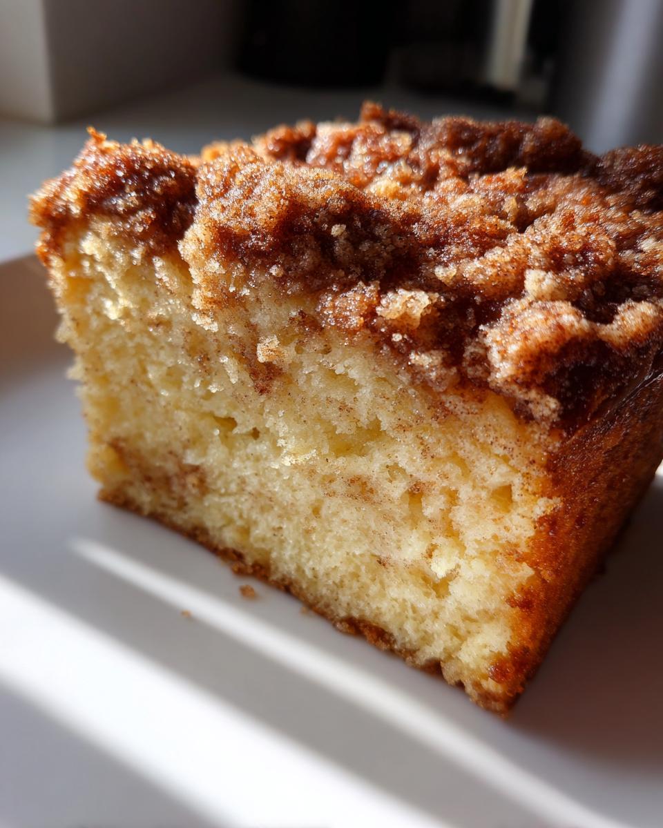 Close-up of a moist slice of coffee cake showing a thick, sugary cinnamon crumb topping.