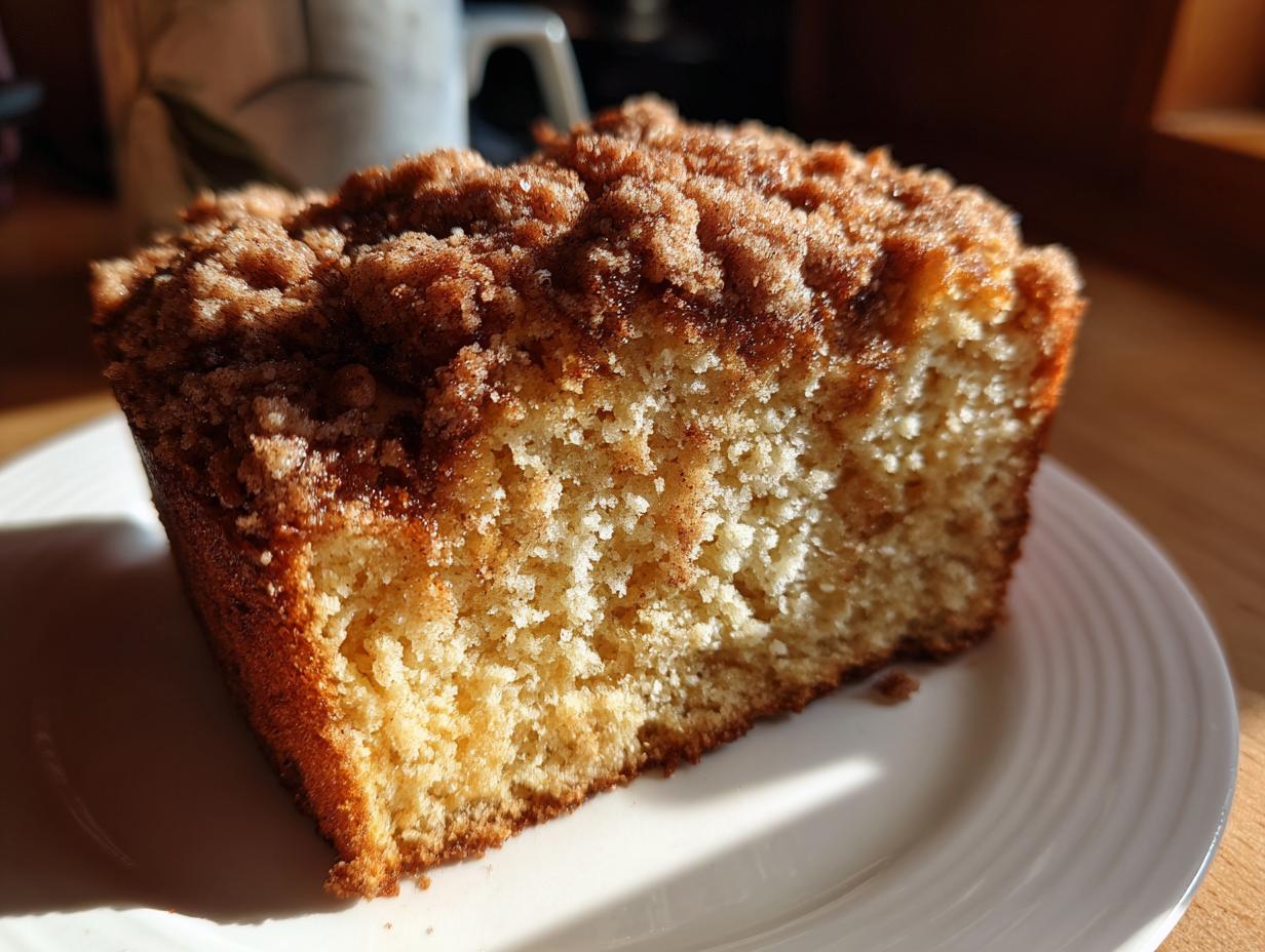 Close-up of a moist slice of coffee cake with a thick, sugary cinnamon crumb topping, served on a white plate.
