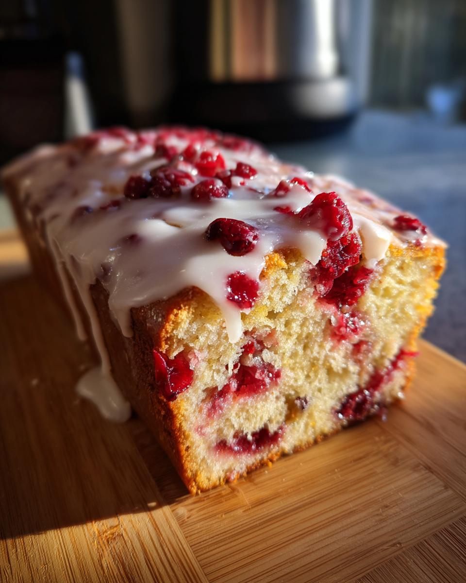 Close-up of a slice of moist cranberry orange bread topped with white citrus glaze and whole cranberries.