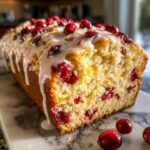 Close-up of a moist cranberry orange bread loaf topped with white glaze and fresh cranberries.