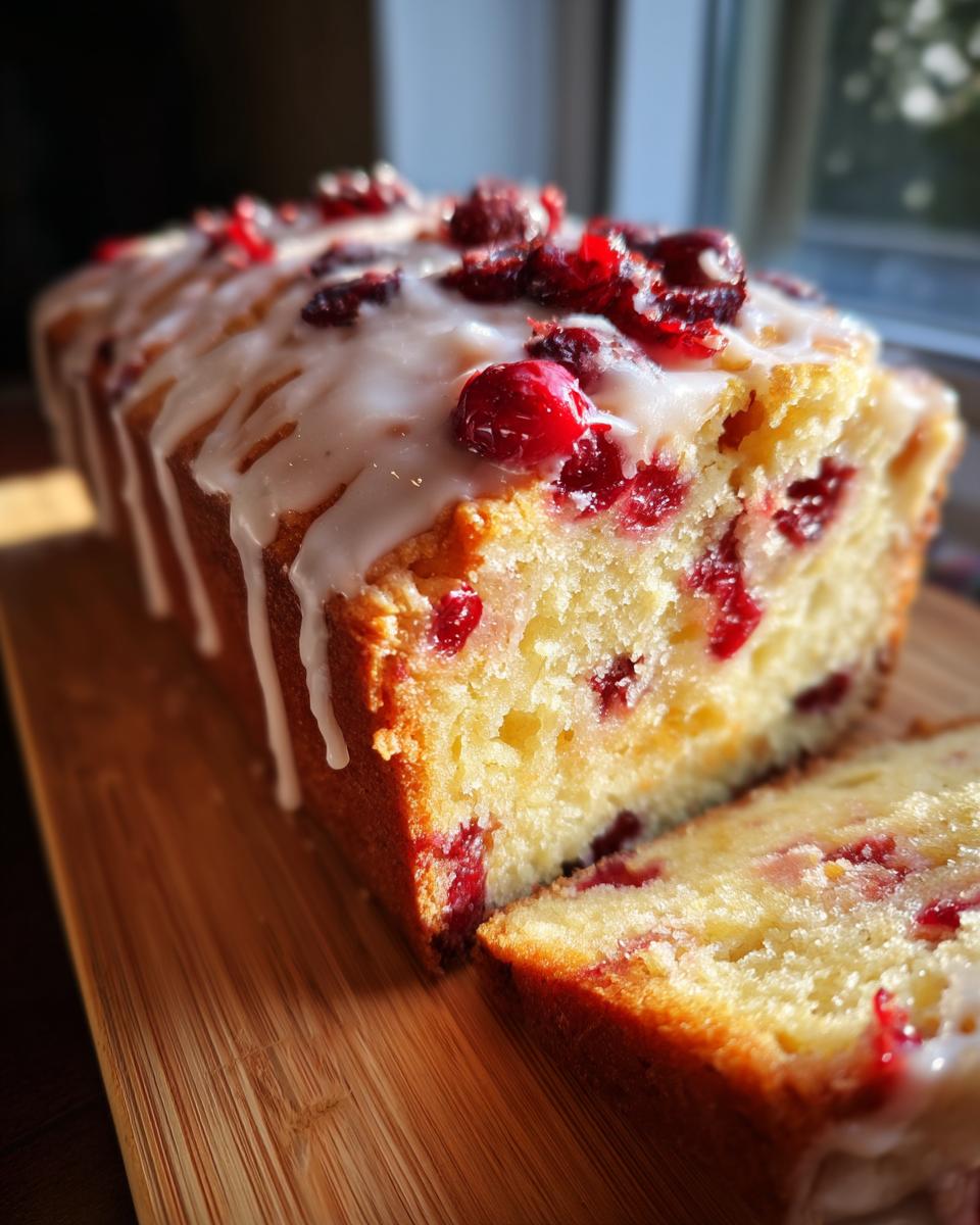 A moist cranberry orange bread loaf, partially sliced, topped with a white citrus glaze and whole cranberries.