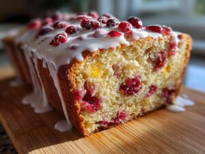 A close-up of moist cranberry orange bread topped with white glaze and fresh cranberries.