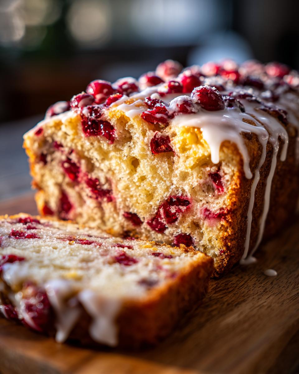 Close-up of moist cranberry orange bread, sliced and drizzled with white citrus glaze and topped with fresh cranberries.