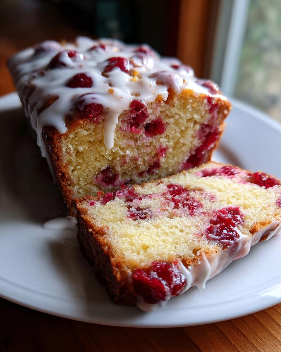 A slice of moist cranberry orange bread topped with a white citrus glaze and whole cranberries.